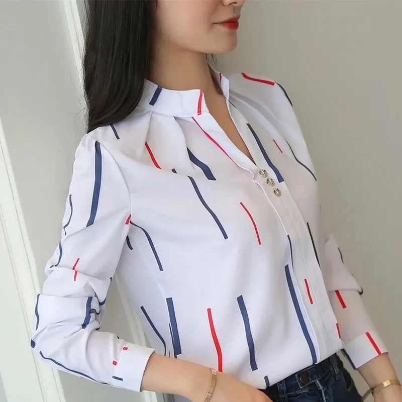 女性白トップスブラウスファッションストライププリントカジュアル長袖オフィスレディ OL シャツスリム Blusas DF4970