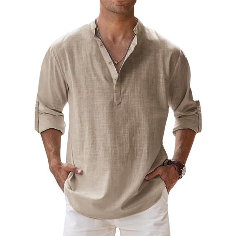 Nuevas camisas de lino y algodón para hombres, camisas casuales, camisas ligeras de manga larga Henley Beach, camisetas hawaianas para hombres