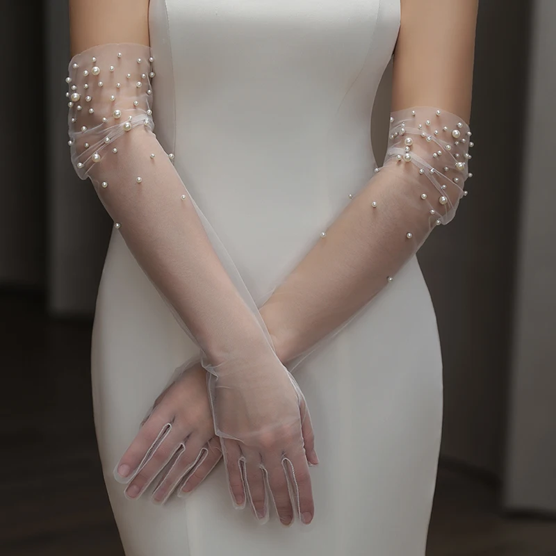 Guantes de novia pesados hechos a mano con cuentas elegantes largos y delgados guantes de tul para fiesta de boda accesorios de boda