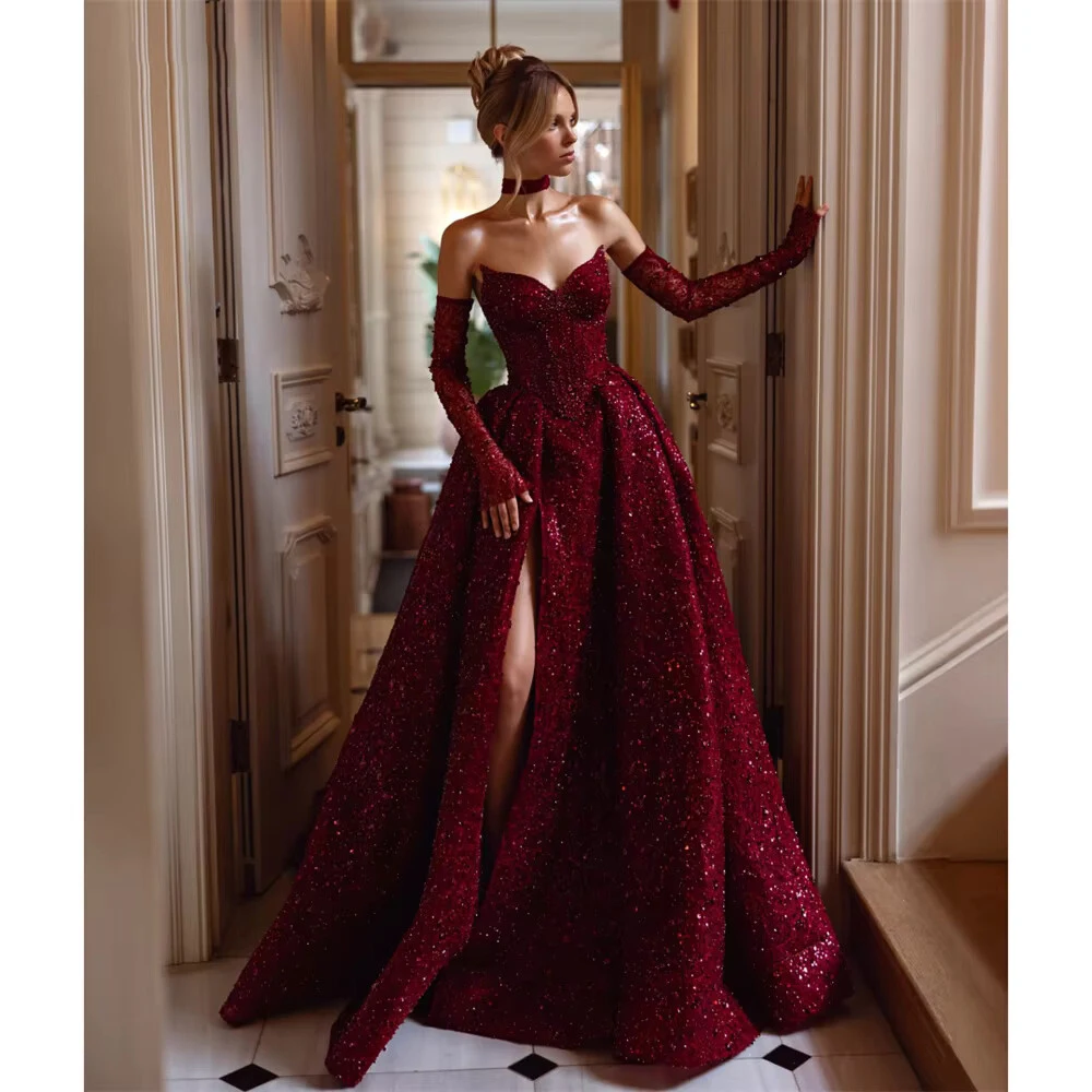 Requintado vestidos de noite de lantejoulas para mulheres vinho vermelho miçangas vestidos de noche festa de casamento princesa vestido de casamento personalizado