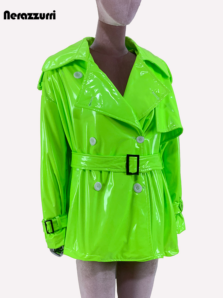 Nerazzurri Lente Herfst Oversized Dunne Glanzende Reflecterende Lakleer Trenchcoat voor Dames Double Breasted Europese Mode
