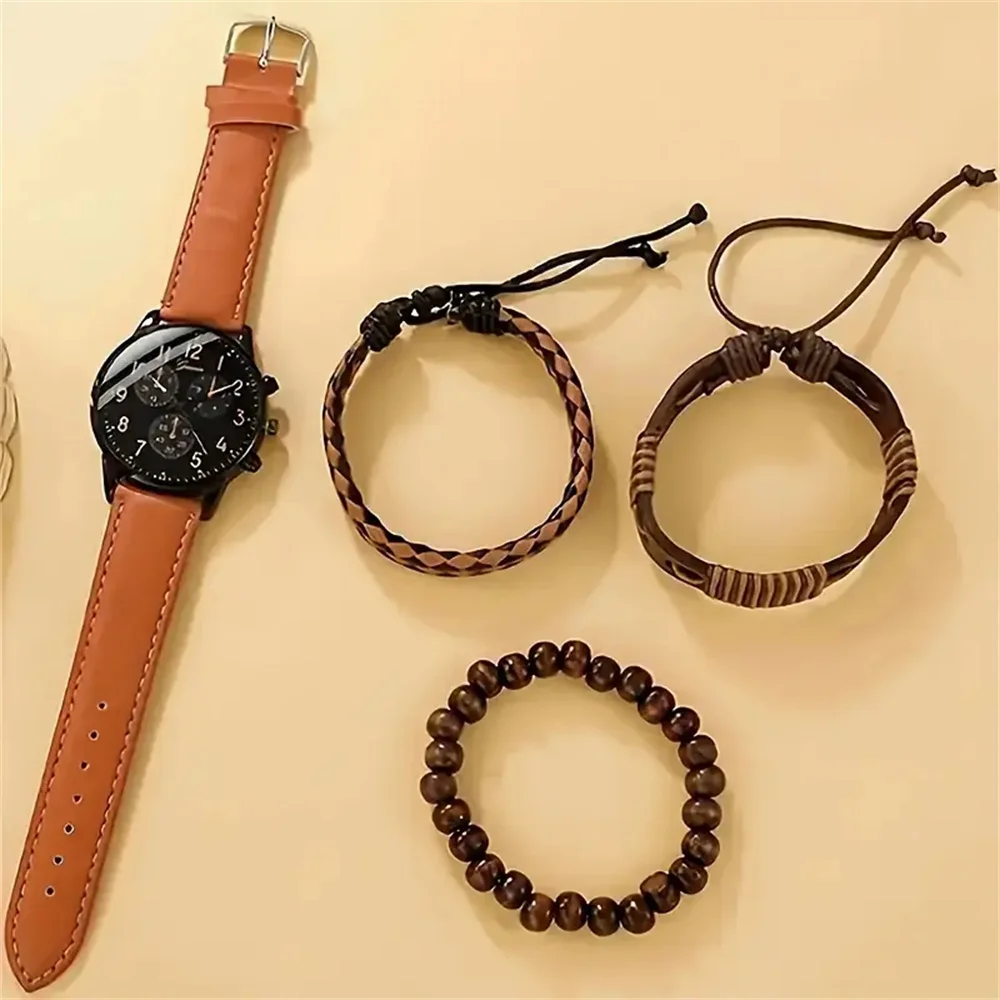 4 peças! Conjunto de relógio de quartzo da moda masculina com pulseira de couro sintético marrom e pulseira simples - exibição de data, sem à prova d'água, zinco Al