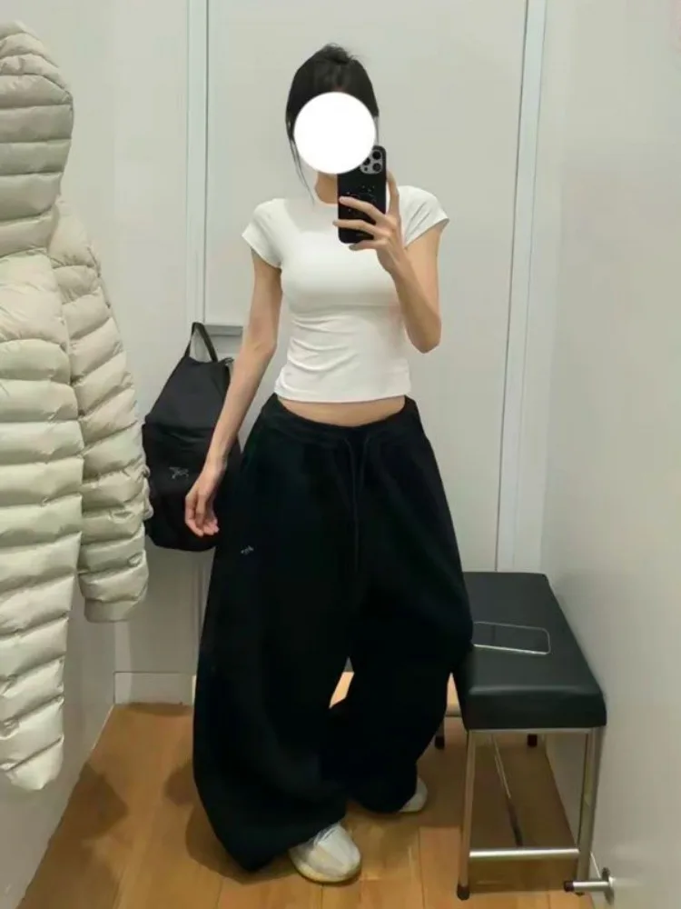 Y2K-pantalones de chándal grises para mujer, ropa de calle coreana holgada de gran tamaño, pantalones deportivos que combinan con todo, pantalones de pierna ancha informales con cordón de cintura alta