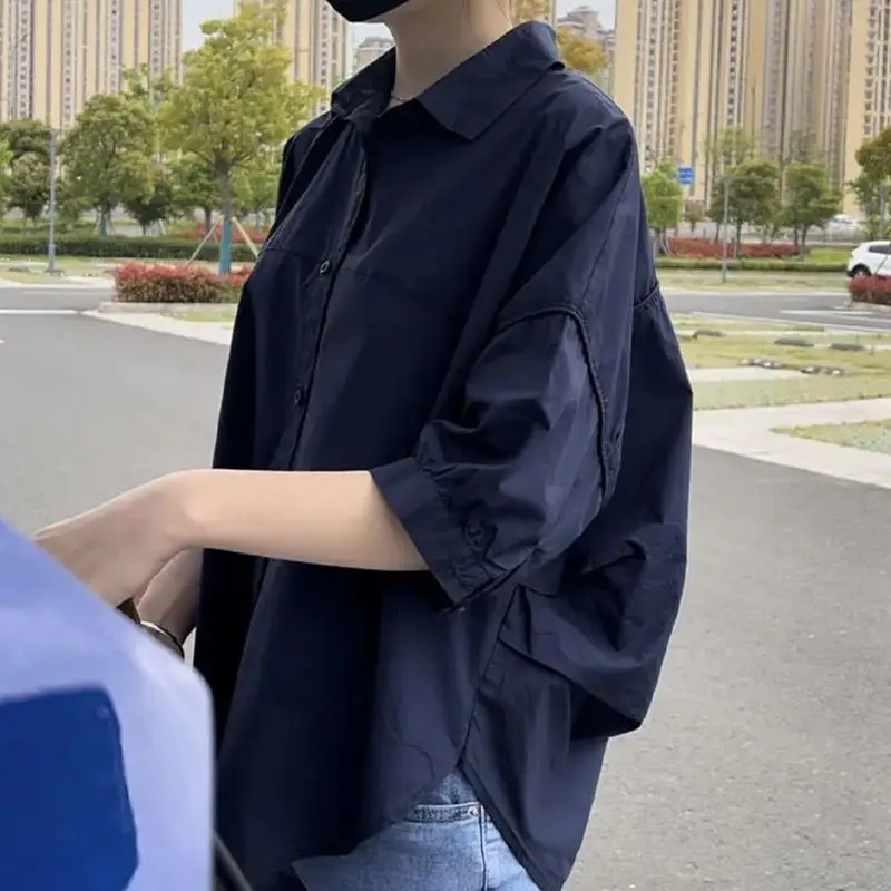 เสื้อผู้หญิง  ผ้าฝ้ายแขนกลางบางผู้หญิง blous shir 2025ฤดูร้อนใหม่หลวมแฟชั่นไม่สม่ำเสมอเสื้อลำลองวันหยุดเกาหลีผู้หญิง Clothes