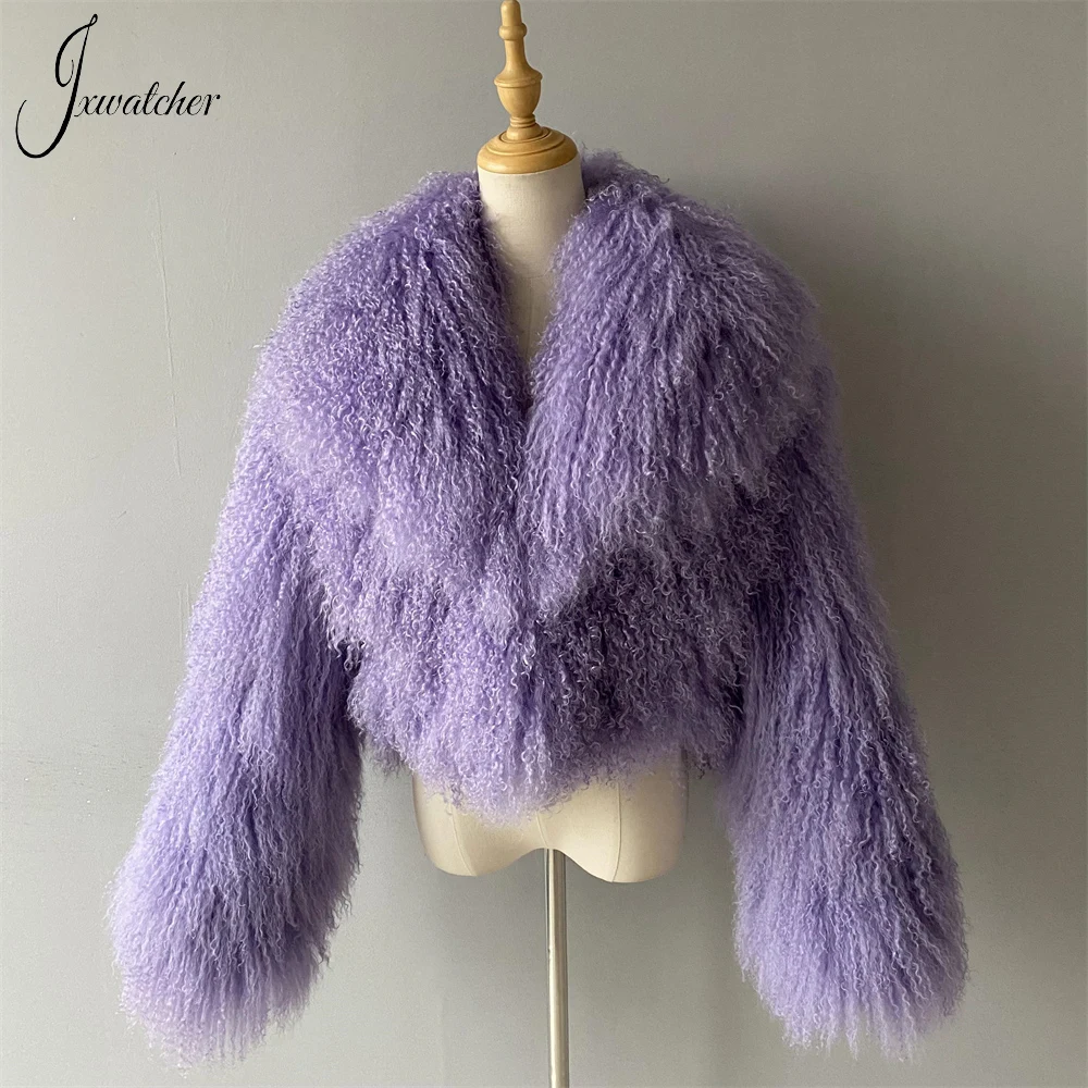 Jxwatcher-abrigo de piel mongol para mujer, abrigo corto de piel auténtica con cuello vuelto grande, chaqueta mullida cálida a la moda para invierno para mujer