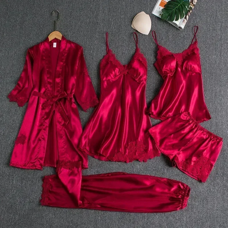 5-teiliges Set Damen-Nachtwäsche, sexy Seiden-Nachthemd, Spitzen-Satin-Nachthemd, Weste mit V-Ausschnitt, atmungsaktiv, bequemes Damen-Nachthemd