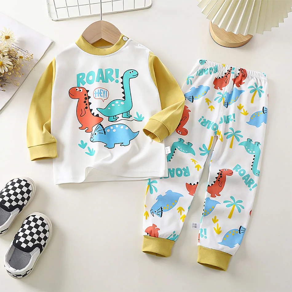 Cotton Kids Clothing Set Children Soft Autumn Long Sleeve Tops and Pants Outfit Pajamas Boy Girl Cartoon Dino Sleepwear Homewear