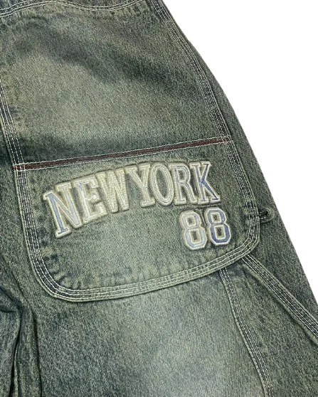 ストリート 90 年代ジーンズ Y2K ヒップホップレター刺繍クラシックレトロだぶだぶのジーンズパンツメンズレディースハイウエストワイドレッグパンツ