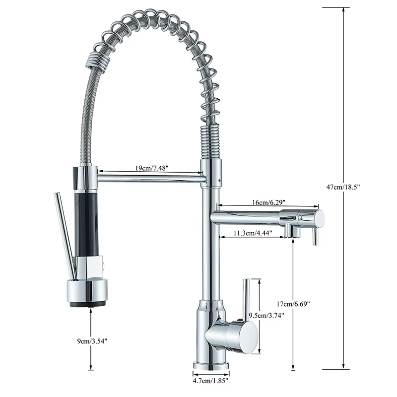 Black/Silver Kitchen Faucet with Pull-Down Sprayer, Deck Mount Hot and Cold Water Mixer Faucet, Dual Spout Faucet, Crane