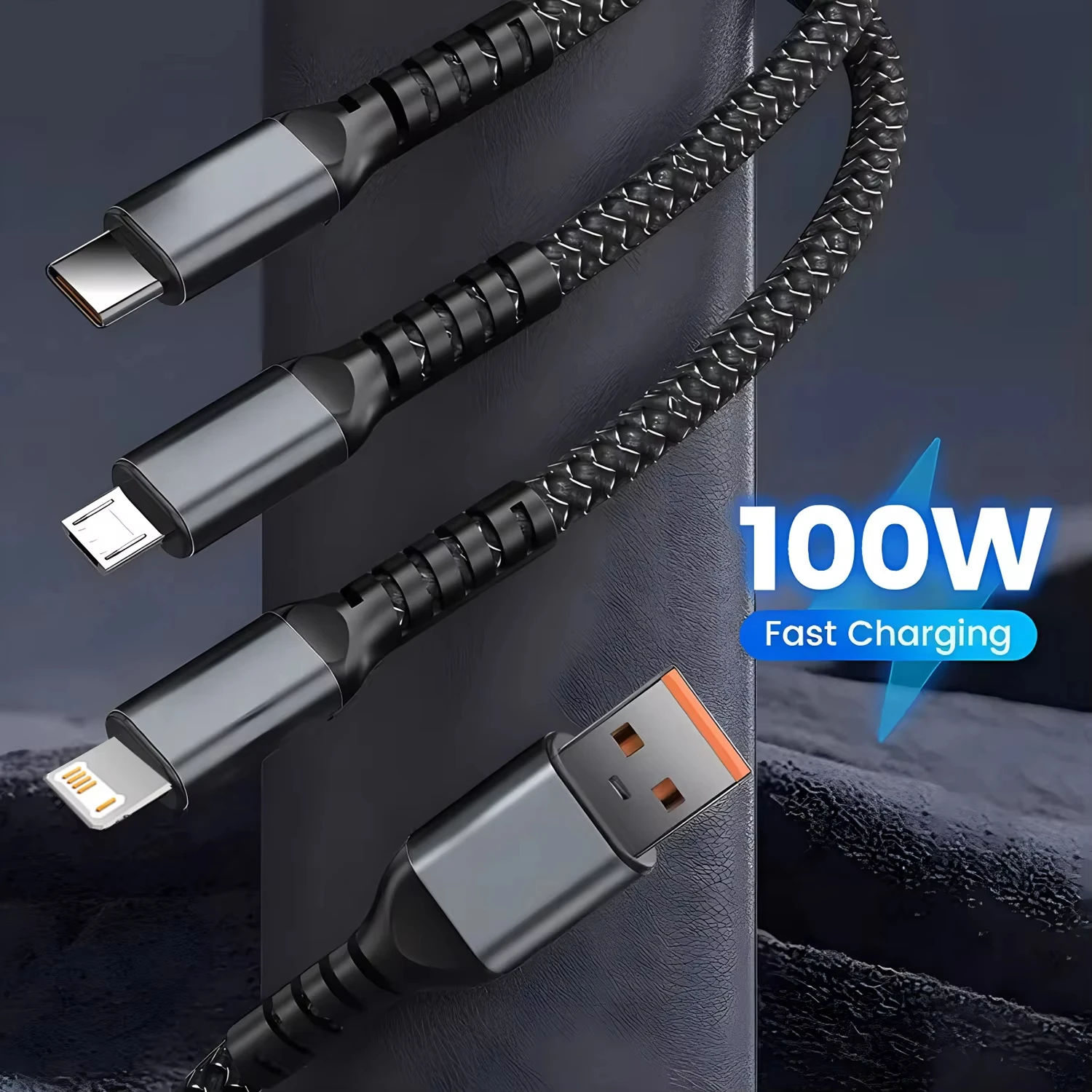 สายชาร์จเร็ว 3-in-1 USB 100W 6A สำหรับรถยนต์ ชาร์จ USB เป็น Type-C Micro และ LIGHTNING สำหรับ iPhone 16 15 14 13 Samsung Xiaomi Huawei