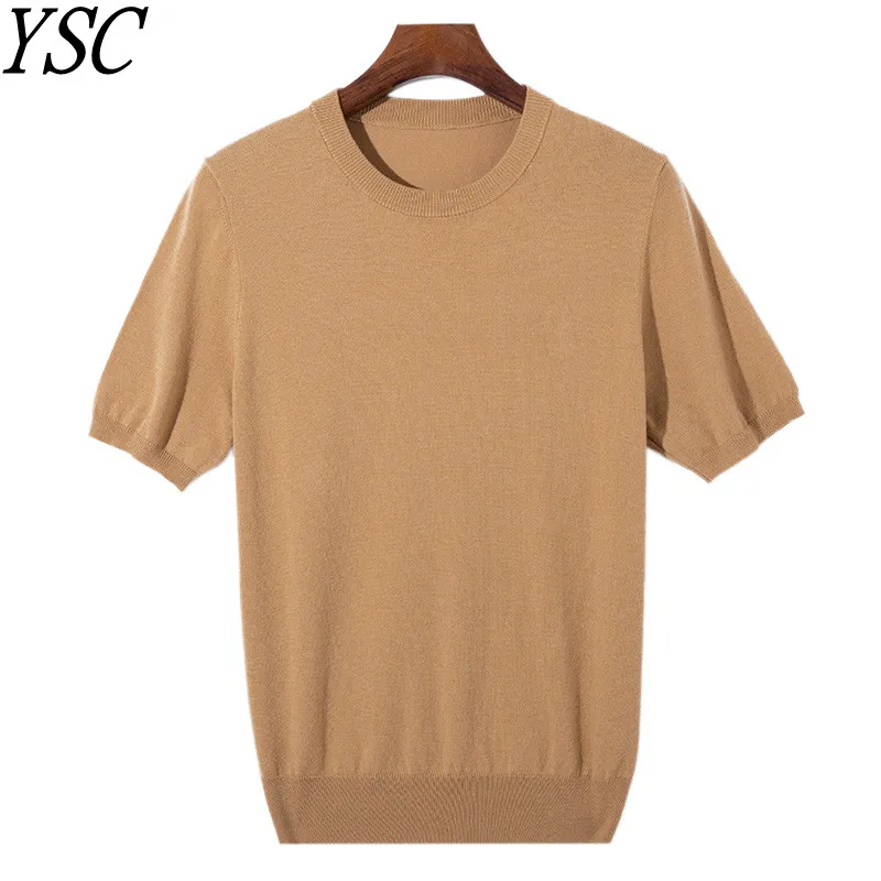 Verão clássico manga curta masculina malhas mistura de lã de seda camisola o pescoço solto legal qualidade negócios pulôver roupas básicas topos