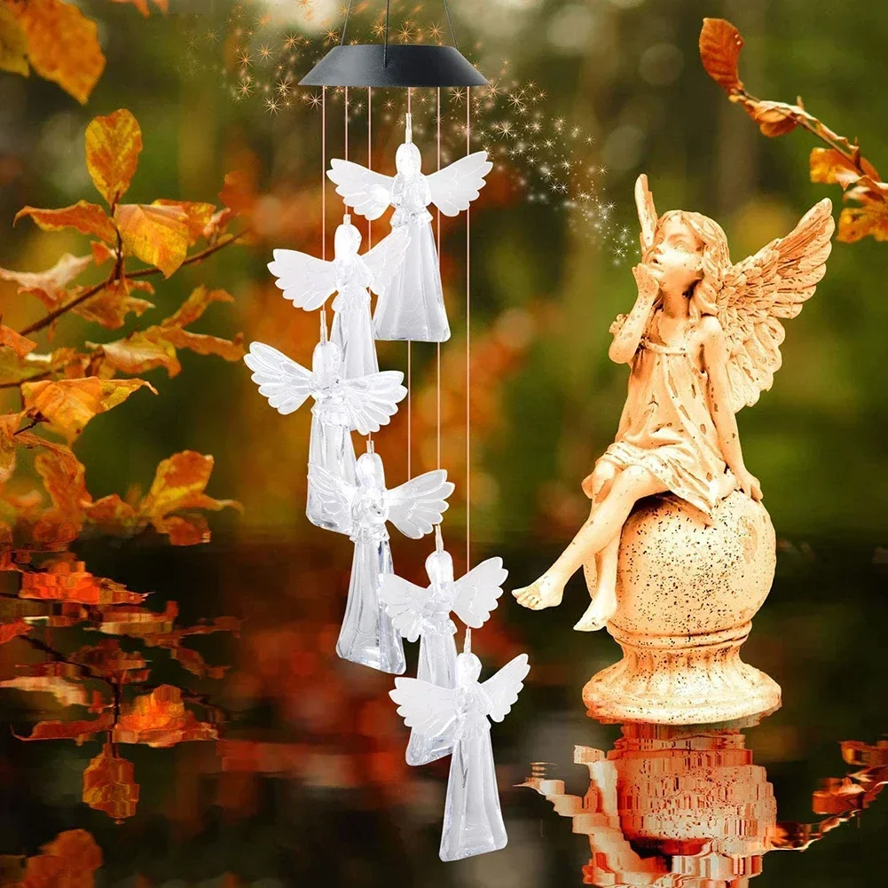 Solar Powered Wind Chime Light Angels Color Changing Night Light Outdoor/Indoor Garden Yard Patio Decor Hanging Lamp