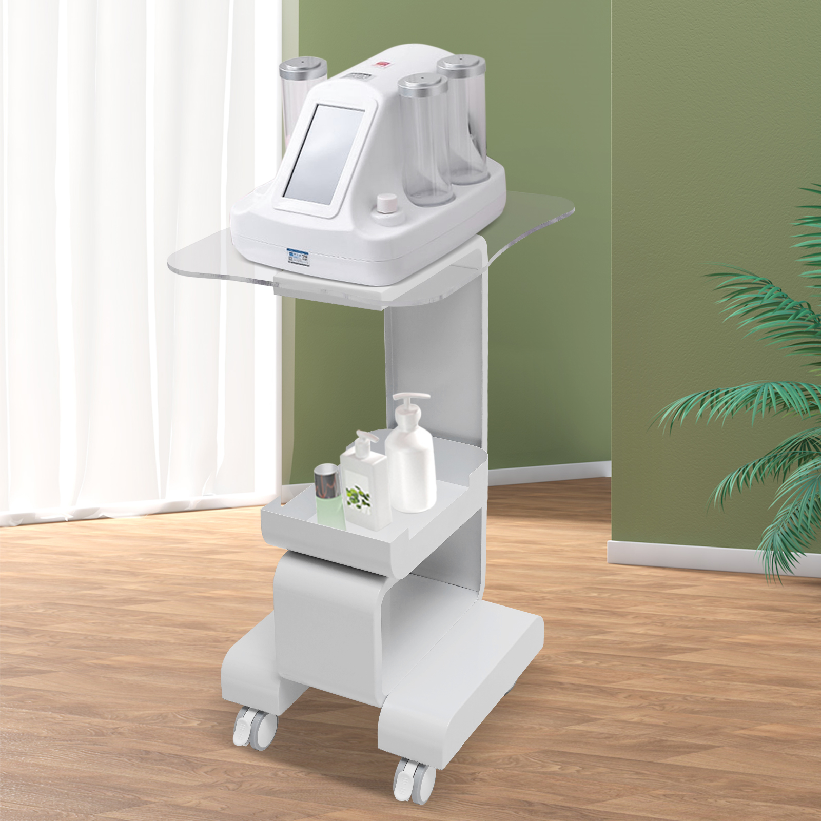 Salonwagen aus Metall und Acryl mit geräumiger Stauraum für Schönheitswerkzeuge