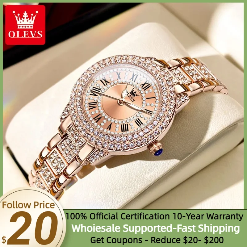 OLEVS 9943 Original Diamond นาฬิกาผู้หญิงหรูหราสแตนเลสกันน้ํานาฬิกาข้อมือควอตซ์แฟชั่นนาฬิกาสุภาพสตรี
