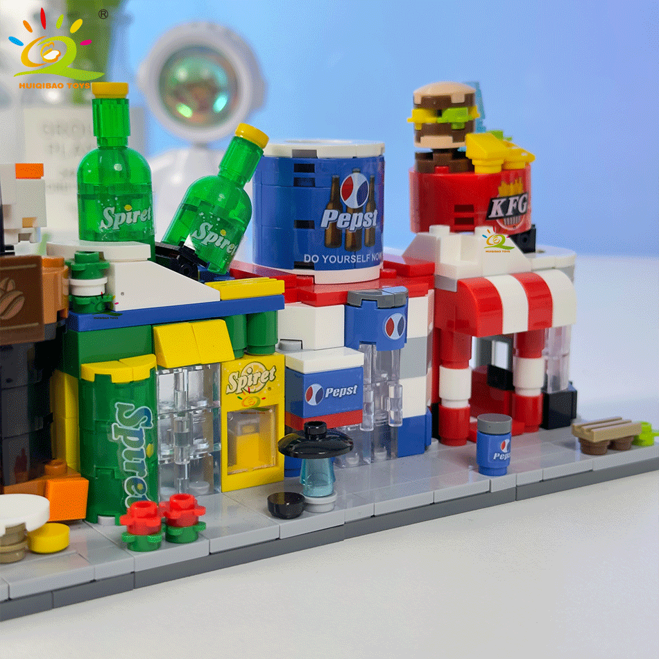 HUIQIBAO Moc City Street View Mini Building Blocks DIY City Commercial Street ร้านกาแฟปริศนาของเล่นบ้านเครื่องประดับตกแต่ง