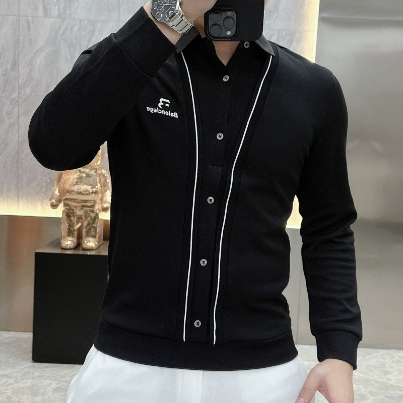 ビジネスカジュアル男性 Tシャツ春秋の新男性服偽二枚ストリートファッションオフィスソーシャル長袖トップス