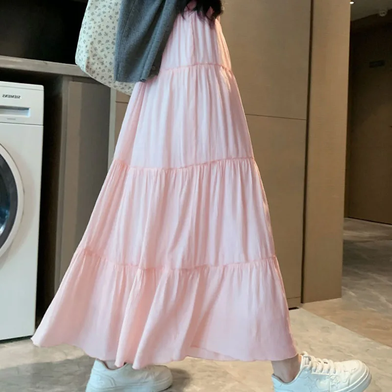 Faldas largas de primavera y verano para mujer, falda acampanada de retales elásticos de cintura alta a la moda, faldas largas informales que combinan con todo con pastel blanco para mujer