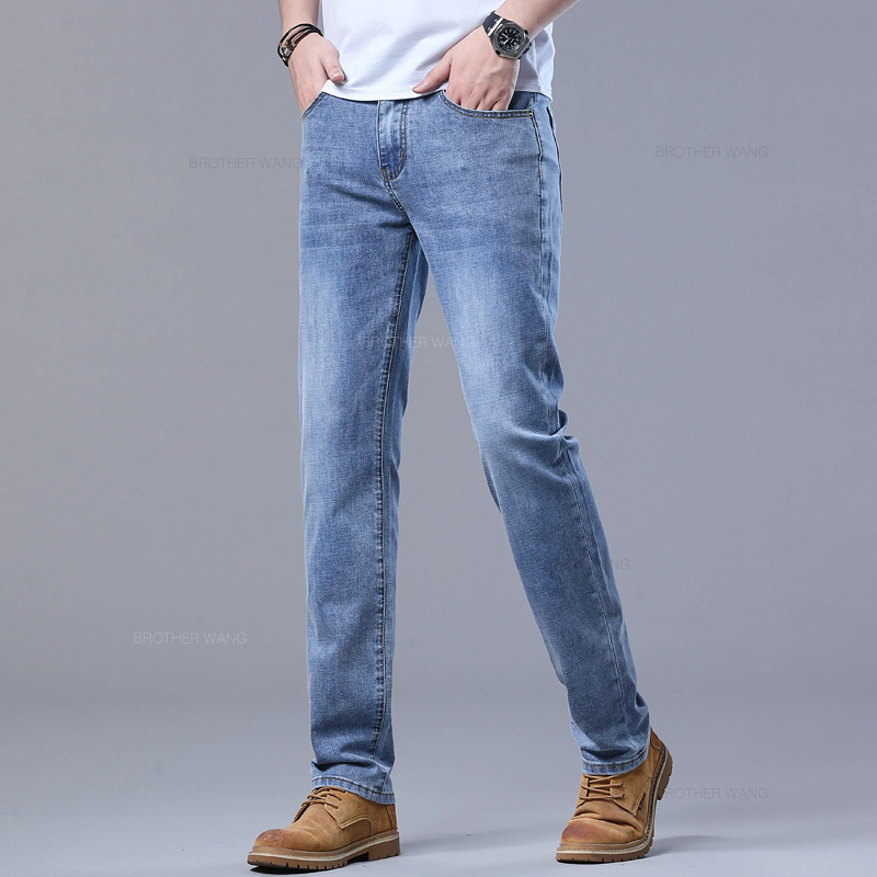 Pantalones vaqueros ajustados azul claro de primavera para hombre, pantalones vaqueros de tela elástica informales con estilo, pantalones clásicos gris humo