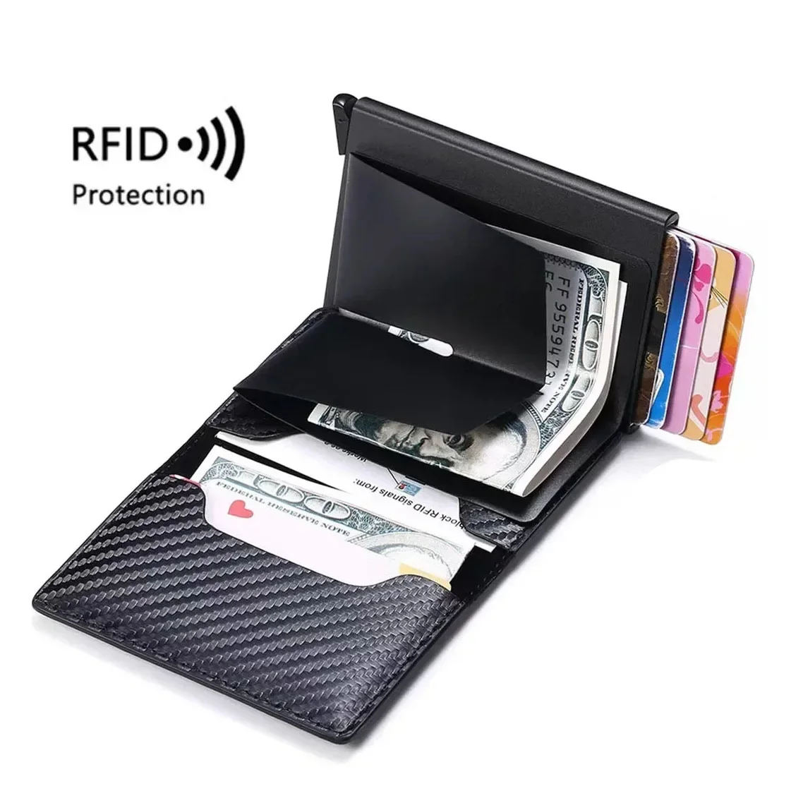 Carbon Fiber Credit Card Holder Wallet for Men RFID Smart Metal Thin Slim Pop Up Minimalist Small Black Purse Metal Case