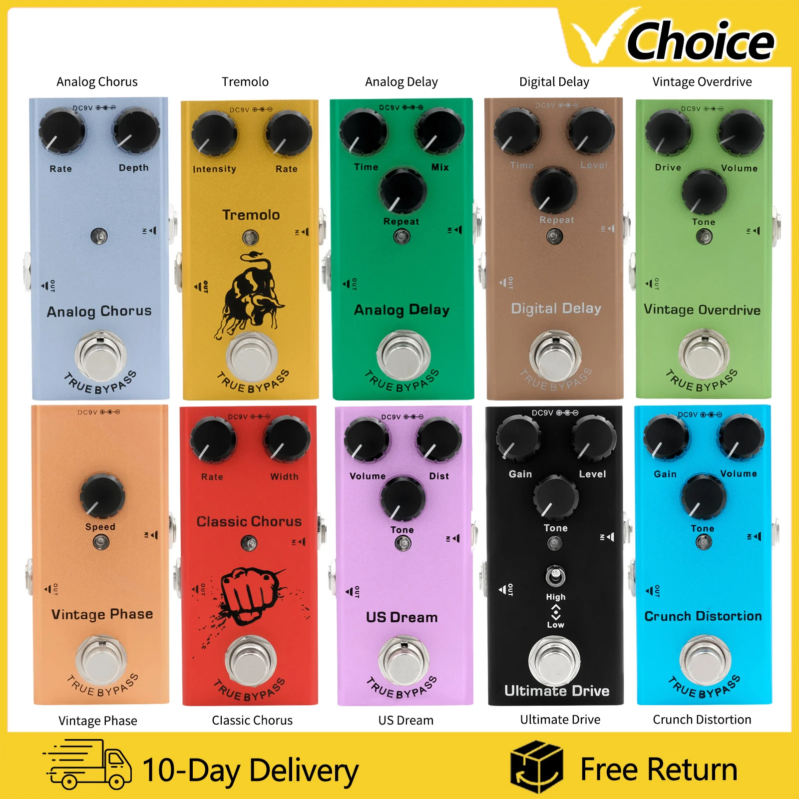 Pedal de efecto de guitarra eléctrica Overdrive Vintage/Distortion Crunch/Distortion/Sueño de EE. UU./Coro clásico/Fase Vintage/Delay Digital