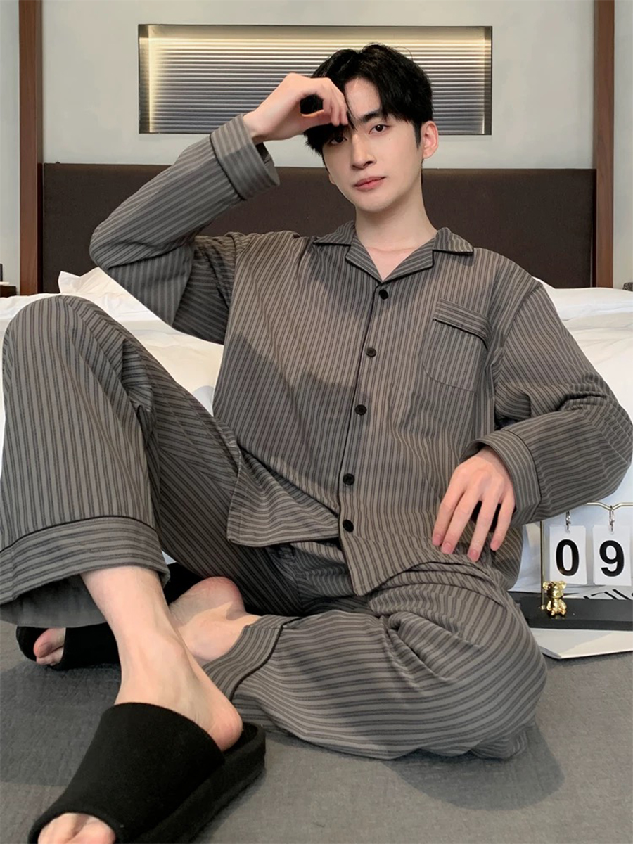 Pyjamas Frühling und Herbst Herren Langarm Hosen Strickjacke Lose Revers Große Größe Hause Kleidung Frühling Anzug