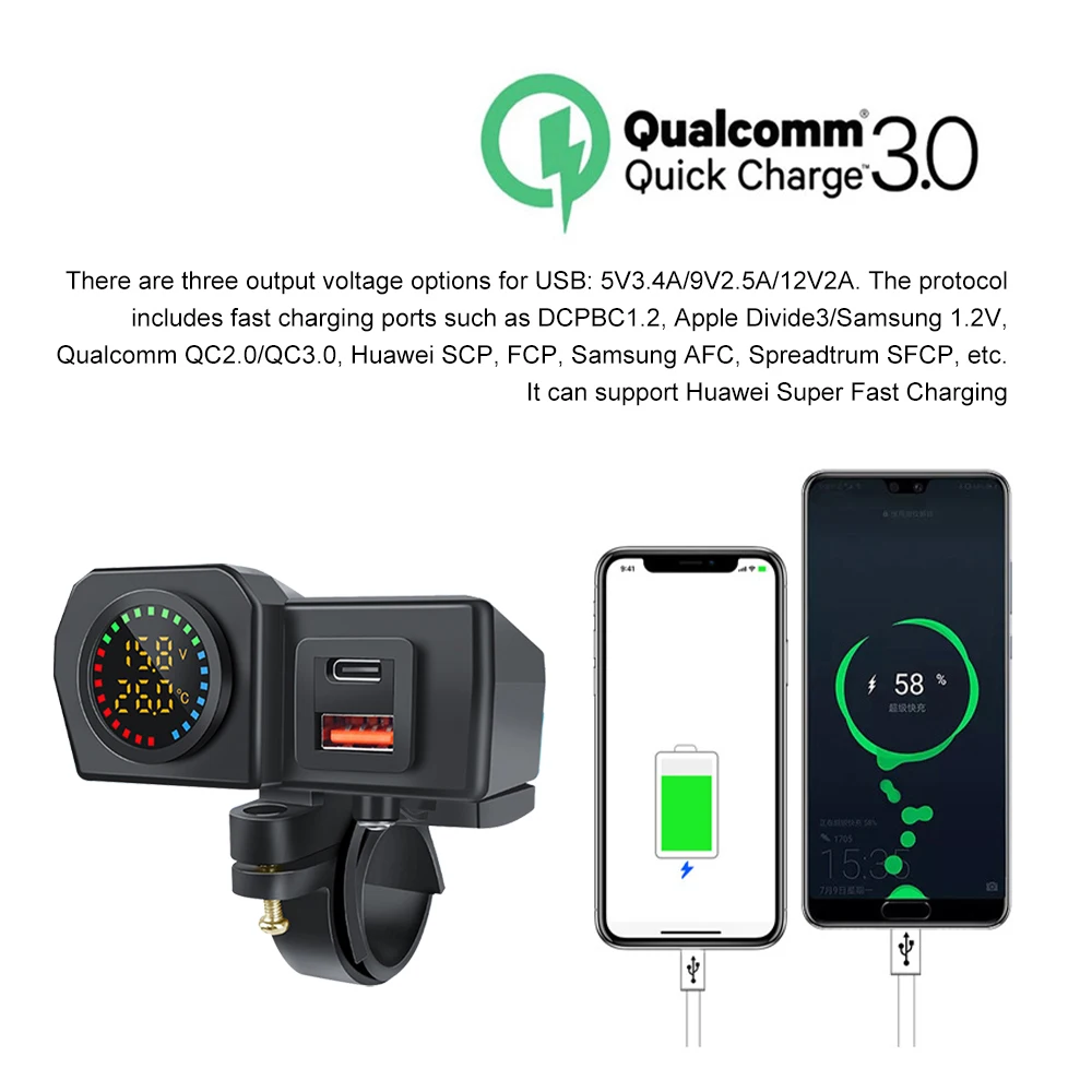 Enchufe de cargador PD QC3.0 para motocicleta de 60W, USB tipo C, carga rápida, enchufe de cargador para motocicleta, voltímetro, termómetro, pantalla Digital