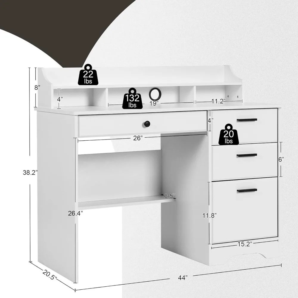 Computer Desk with Storage Drawers and Hutch, 44 Inch Home Office Desks with 4 Drawers & Monitor Stand for Small Space