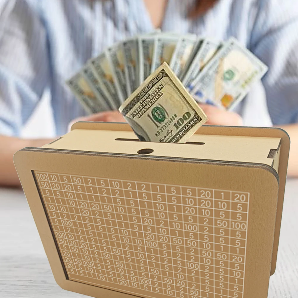 1pc 現金銀行木製貯蓄ボックス、通貨ターゲットと数字付き木製現金貯蓄貯金箱、木製コイン銀行貯金箱