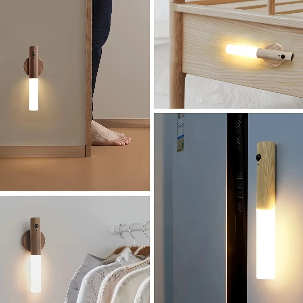 Led de madeira usb luz da noite lâmpada parede magnética armário cozinha luz casa escada quarto mesa mover lâmpada iluminação cabeceira