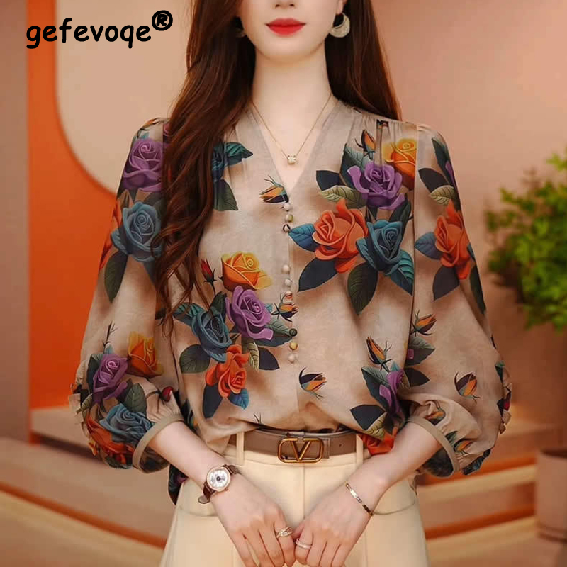 Frauen Sommer Vintage Floral Print Blusen Koreanische Mode V-ausschnitt 3/4 Hülse Elegante Shirts Weibliche Casual Rüschen Lose Chic Tops