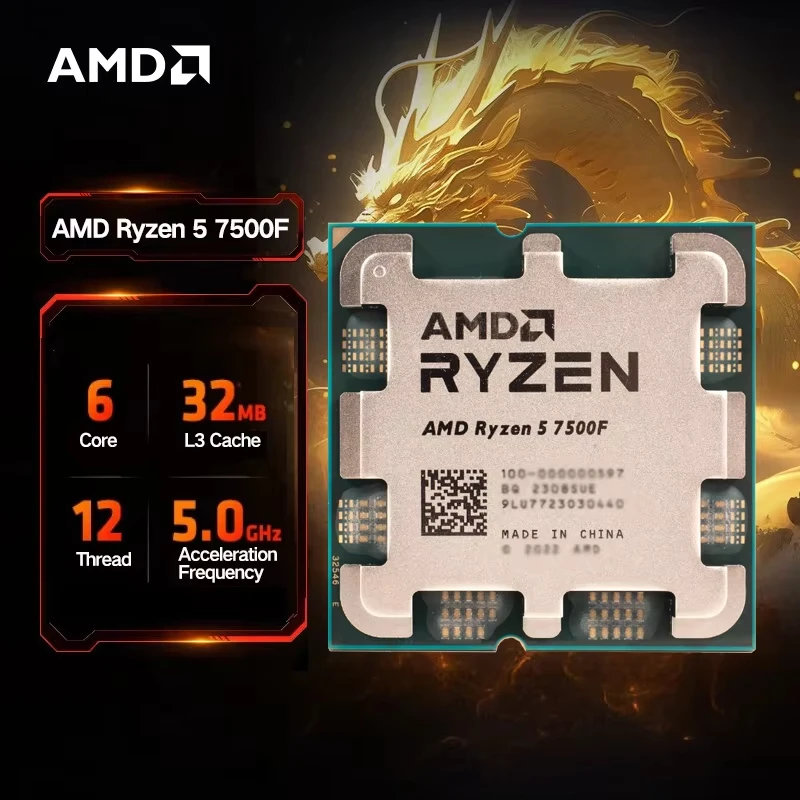 Processador AMD-Ryzen 5 7500F, R5 7500F, Até 5,0 GHz, 6 Core, 12 Thread, 32MB, Soquete de cache de jogos, AM5, DDR5, 5200MHz, PC Desktop Gamer