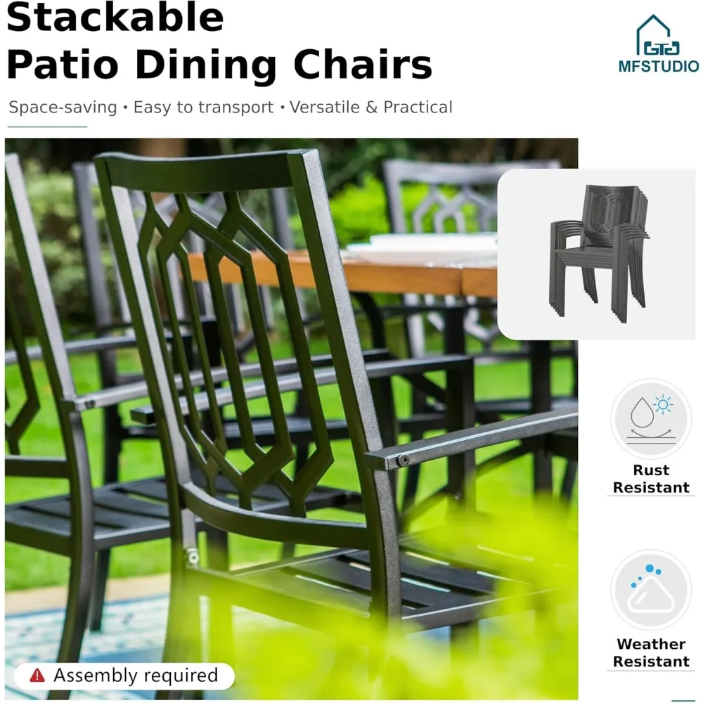 Metal Patio Dining Table Set for 5,4 Metal Dining Chairs and 1 37" Larger Square Table Furniture Set, Steel Frame