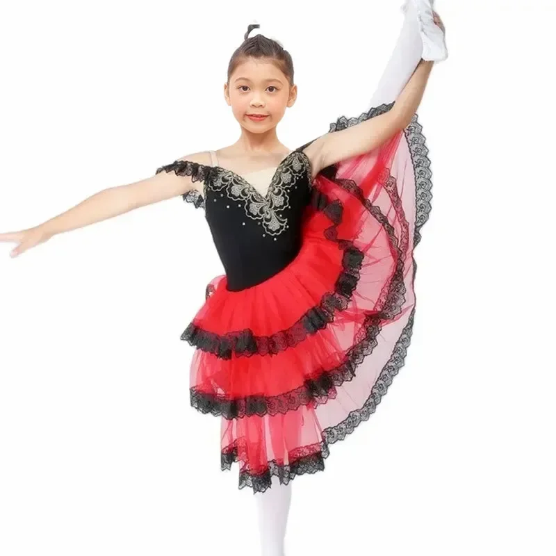 Professionelle Ballett Romantische Tutu Langen Rock Schwarz Rot Spanien Kleid Erwachsene Kinder Ballett Performance Kleid