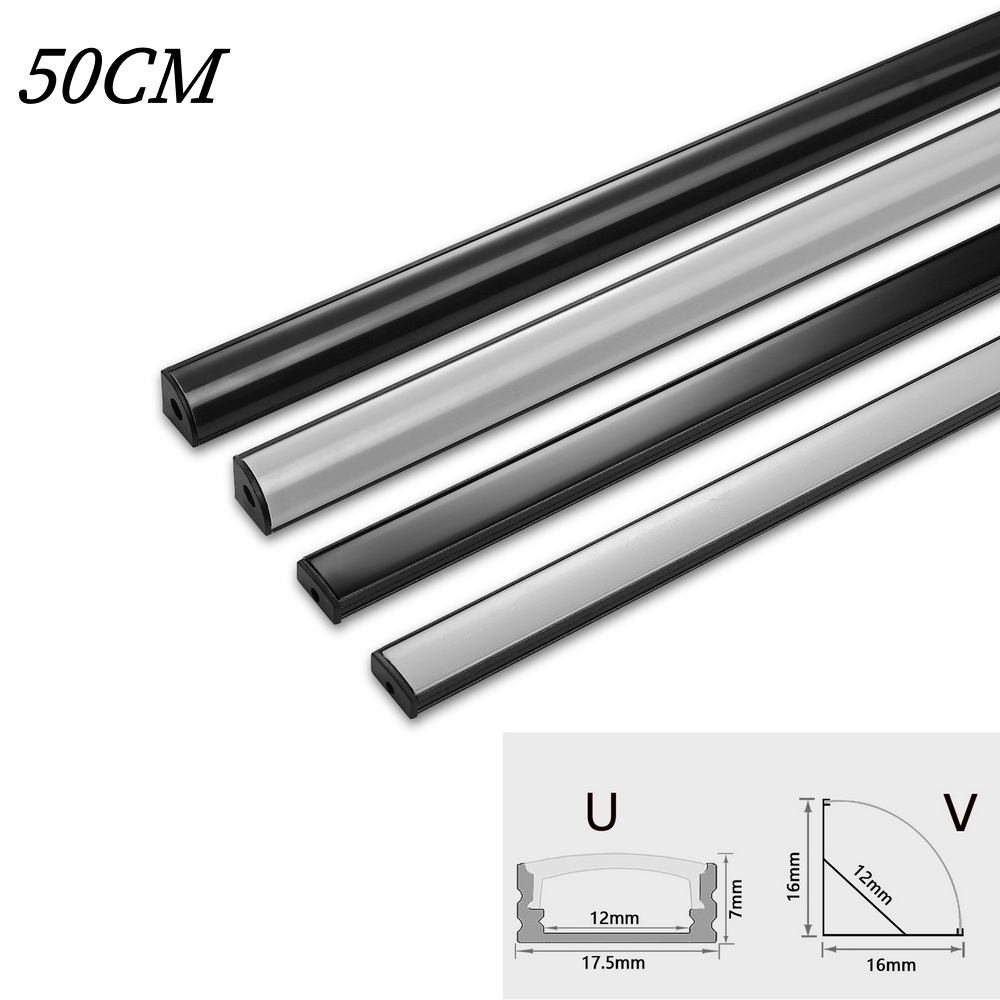Zwarte Cover 1-30 stuks/pak LED Aluminium Profiel 0,5 m/stuk U/V-vorm Geschikt voor 8-12 mm LED Light Strip Behuizing Kanaal