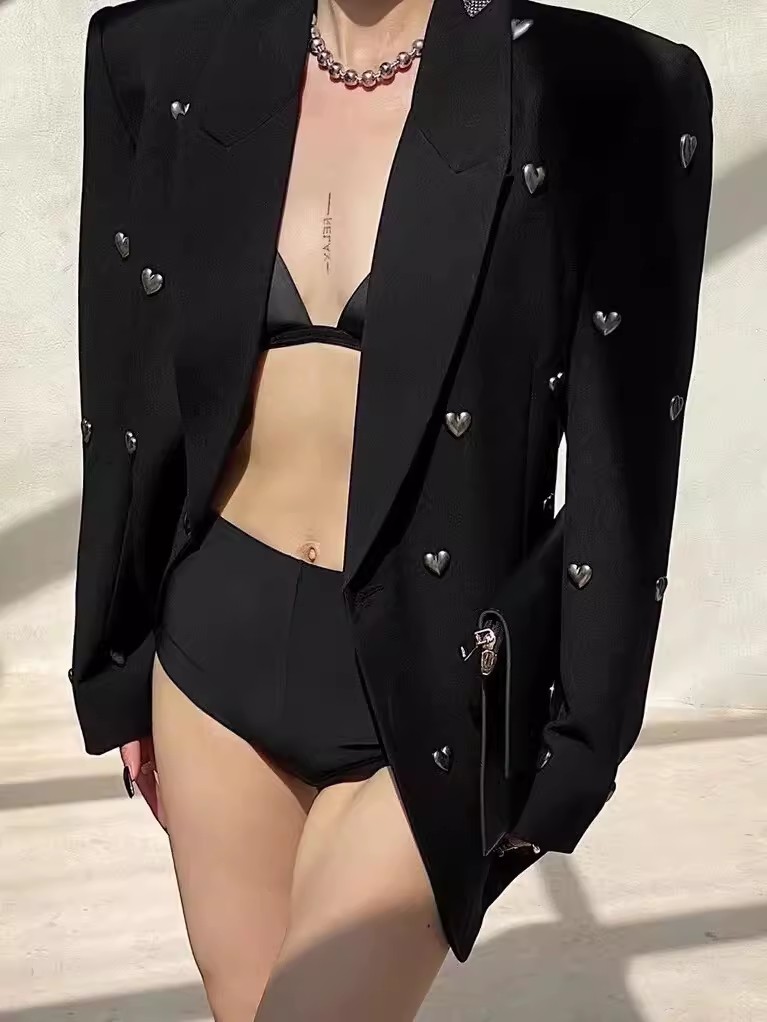 2025 Wiosna Jesień Nowy Czarny Ciężki Przemysł Inkrustowany diamentami Garnitur Damski Wysokiej klasy Design Sense Minority Street Blazer