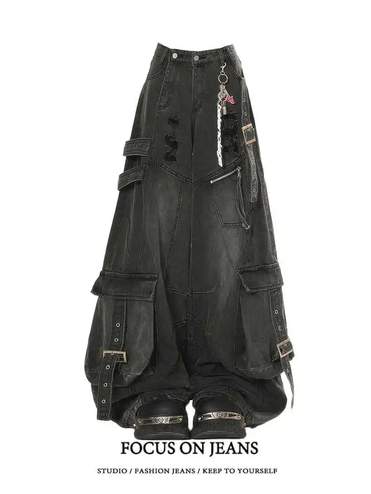 Schwarze Jeans Damen American Style Y2K 90S Vintage High Waisted Jean Straight Hose Streetwear Casual Loose Wide Leg Denim Hose