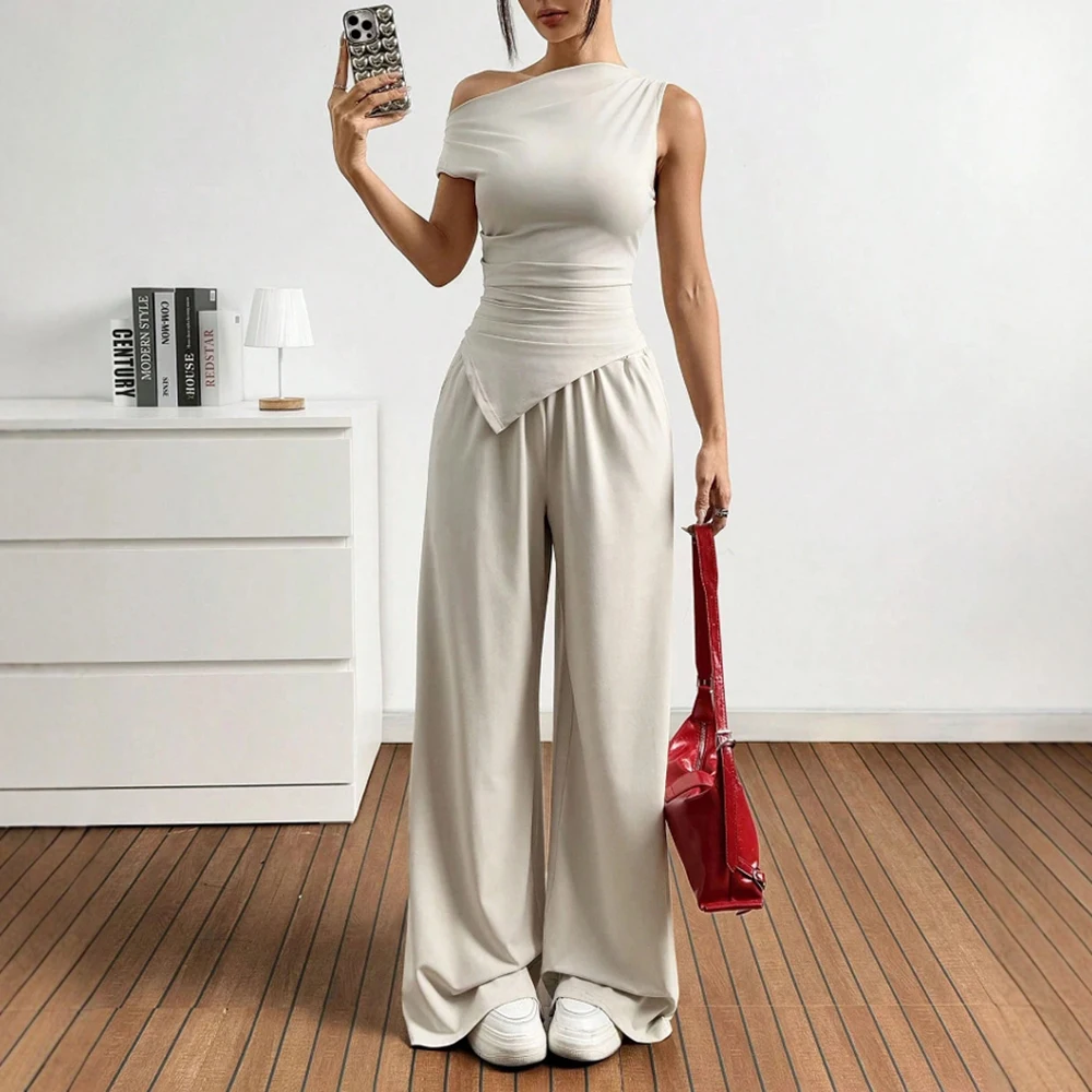 Mia Muse Sets Zomer Casual Effen Asymmetrische Korte Mouw Een Schouder T-shirts Volledige Lengte Wijde Pijpen Broek Sets Voor Vrouwen