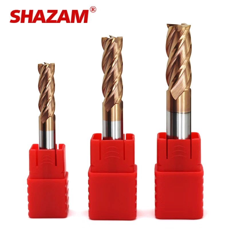 Shazam HRC55 4ก้านแบบปลายแบน4ขลุ่ยเคลือบทังสเตนเหล็กคาร์ไบด์อัลลอยด์คัตเตอร์10ชิ้นสำหรับงานกัด CNC