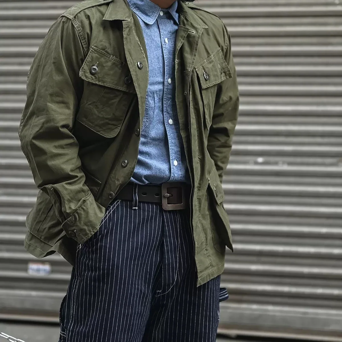 Non Stock Classic Chambray Shirt Spring Men's Two-Pocket Workshirt Light Blue