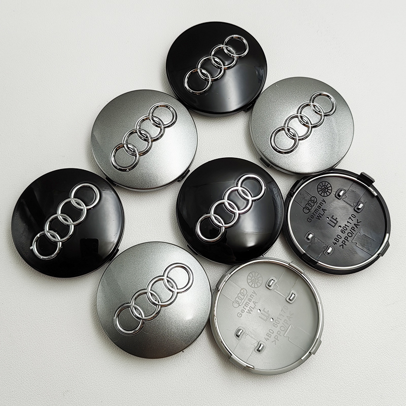4 peças 60mm preto cinza estilo de carro emblema centro da roda tampa do cubo tampas de aro para emblema Audi 4B 0601170   A1 A3 A4 A5 A6 Acessórios automotivos