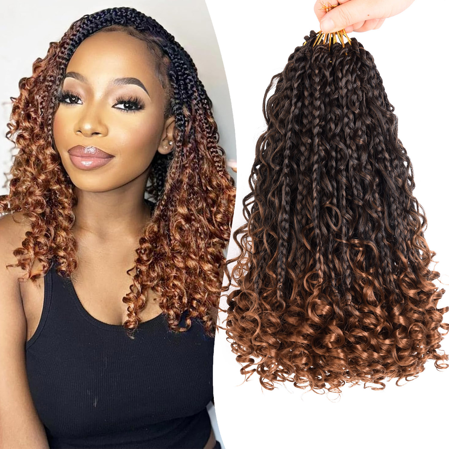 8 แพ็คสังเคราะห์ 12 นิ้วเทพธิดากล่อง Braids ผมโครเชต์ Boho กล่อง Braids กับ Curl สิ้นสุด Hair Extensions สําหรับผู้หญิงสีดํา