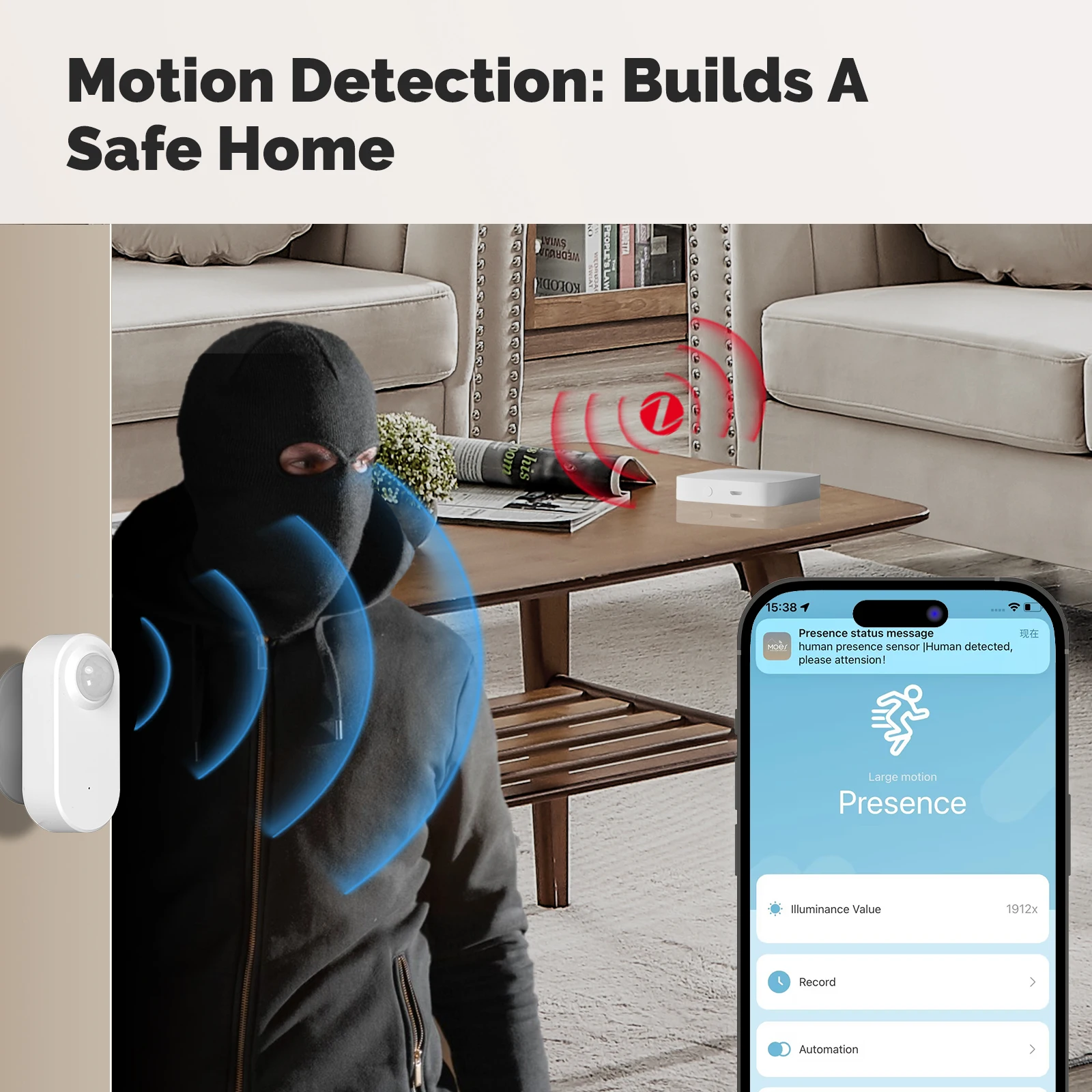 MOES Tuya ZigBee Radar Inteligente 24GHz mmWave Sensor PIR de Presença Humana Sem Fio App Monitoramento Remoto Detecção de Movimento e Movimento