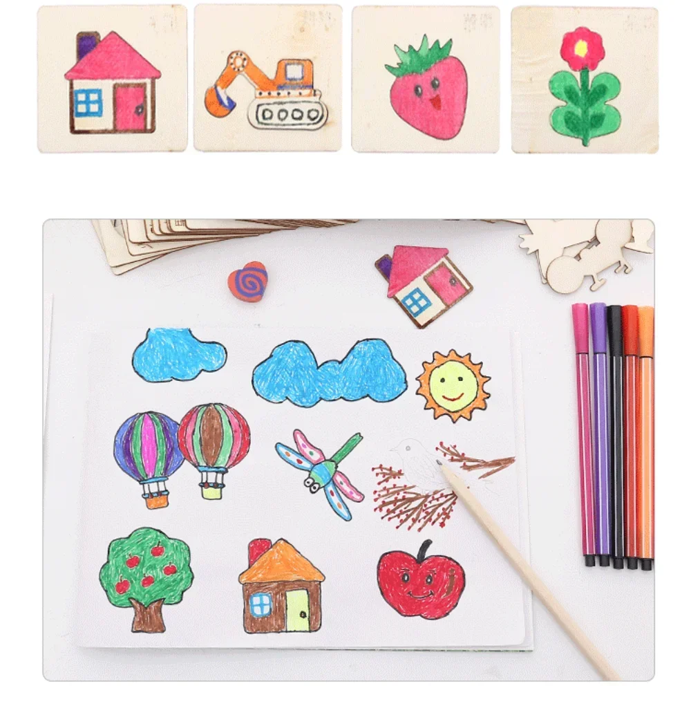 ใหม่ 20/32 ชิ้นเด็กชุดของเล่น DIY ภาพวาดแม่แบบหัตถกรรมไม้การศึกษาสําหรับเด็กอุปกรณ์วาดภาพ