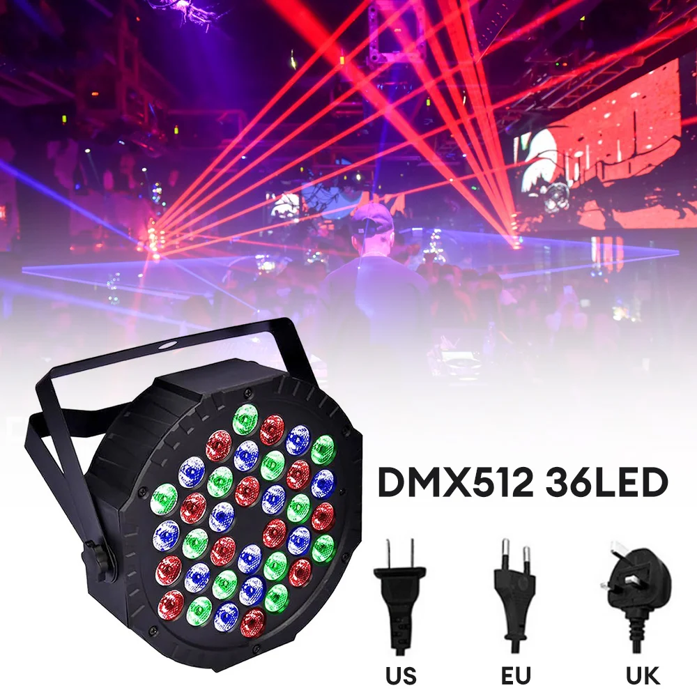 ไฟ LED 36ดวงสำหรับเวทีแบบแบน DMX512 RGB เอฟเฟกต์ไฟดิสโก้งานปาร์ตี้งานแต่งงานบาร์คลับของตกแต่งด้วยเสียงโคมไฟกระตุ้น