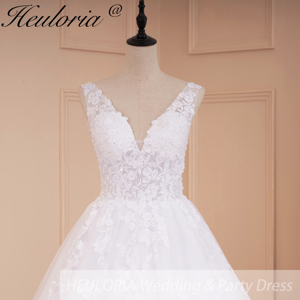 HEULORIA Elegant A Line ชุดแต่งงาน V คอลูกไม้ชุดเจ้าสาว Robe De Mariee งานแต่งงานชุดเจ้าสาว