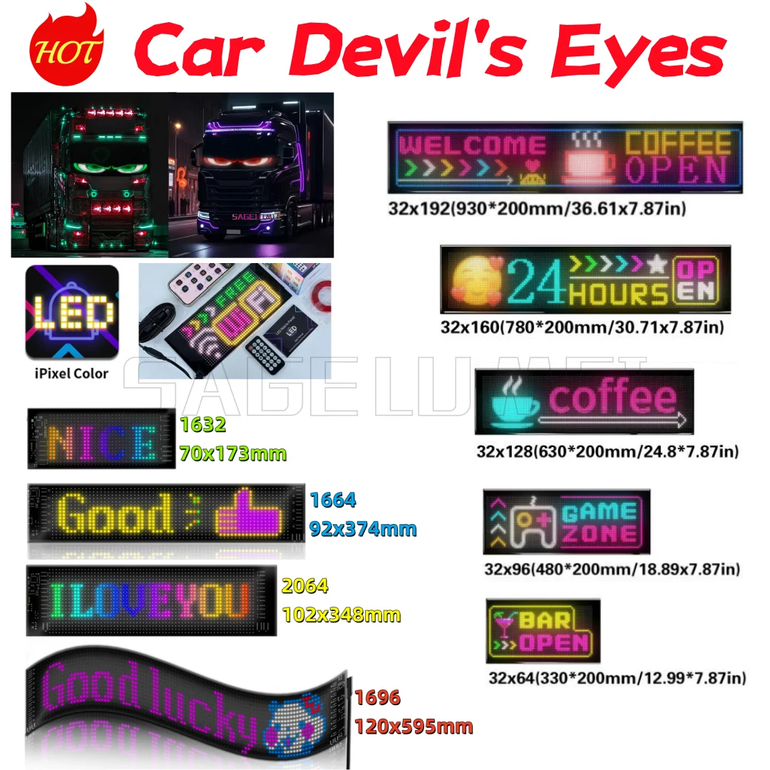 Evil's Eyes Zweireihiges, scrollendes LED-Matrix-Panel-Licht, Auto-LKW-Schild, flexibler Bildschirm, intelligente App, programmierbare Bar-Party