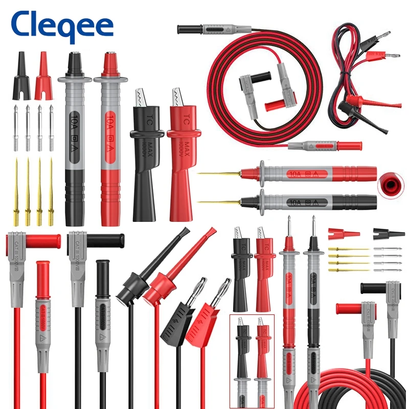 Cleqee P1308B Kit de cables de prueba para multímetro, 18 Uds., con agujas reemplazables, pinzas de cocodrilo, conector Banana de 4mm para probar el juego de Clips de gancho