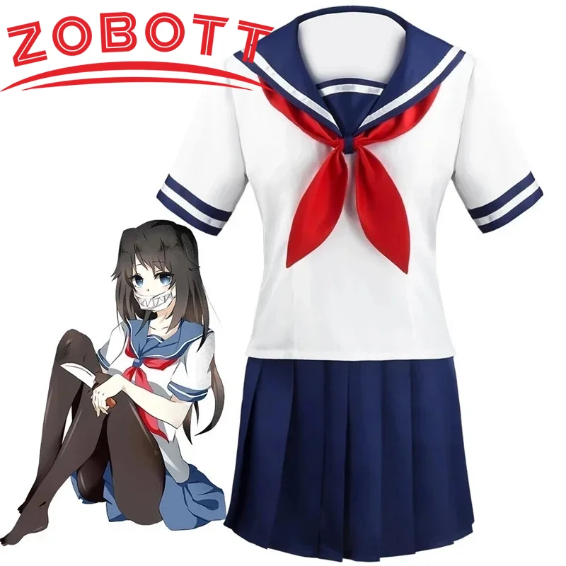 할로윈 파티 소녀의 네이비 블루 선원 스커트 팬티 스타킹 Loli 블랙 가죽 신발 Yandere 시뮬레이터 Ayano Aishi 코스프레 의상