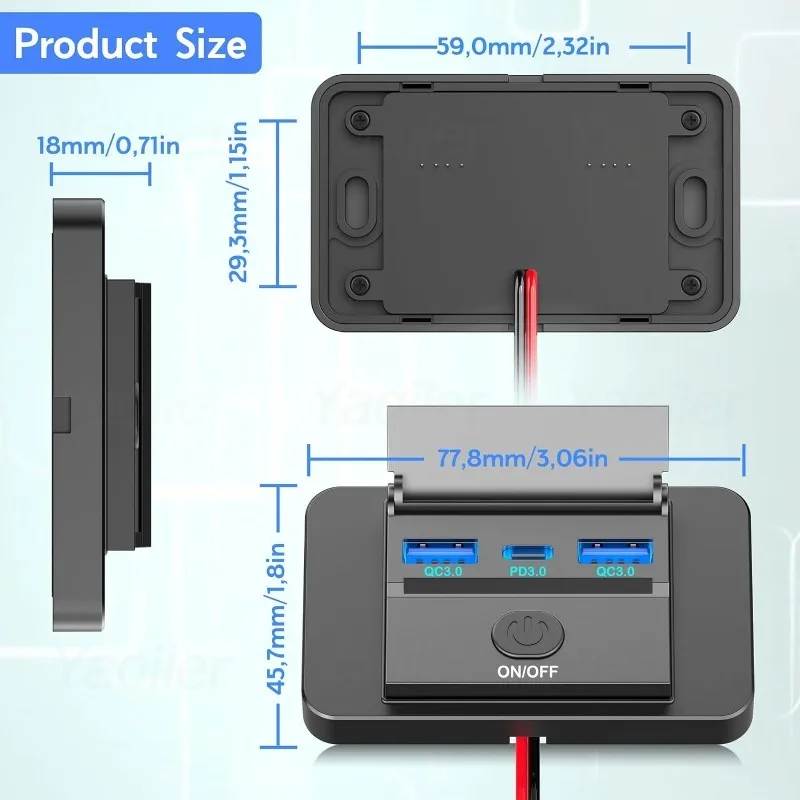 Panel de salida USB de 72W, 3 puertos, 12V, montaje en pared, 36W, USB C y doble QC3.0, 18W, puerto USB, enchufe de cargador con interruptor para coche, autobús, RV y camión