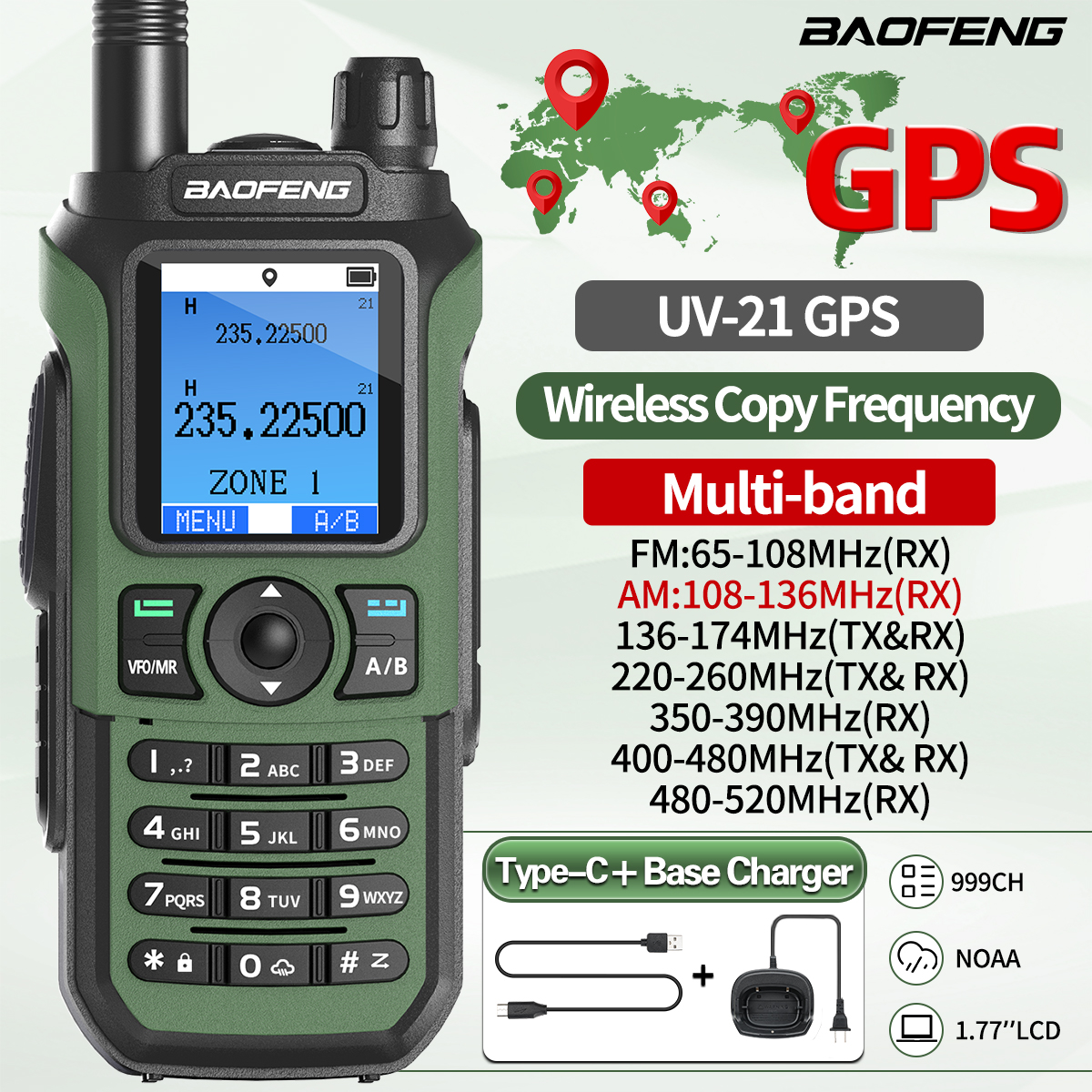 Baofeng UV-21 PRO Walkie Talkie GPS multibanda copia inalámbrica frecuencia tipo C actualización de largo alcance UV 17 PRO GPS Ham Radio bidireccional